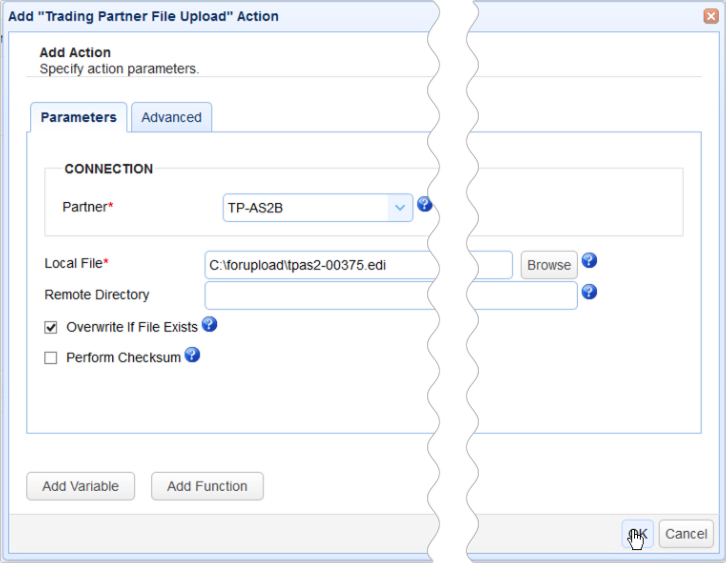 as2 transfer trigger action add file upload parameters